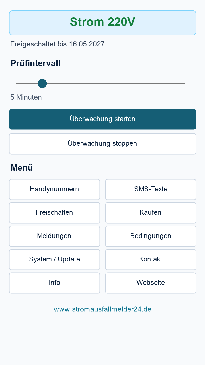 StromPing Startseite mit Stromstatus