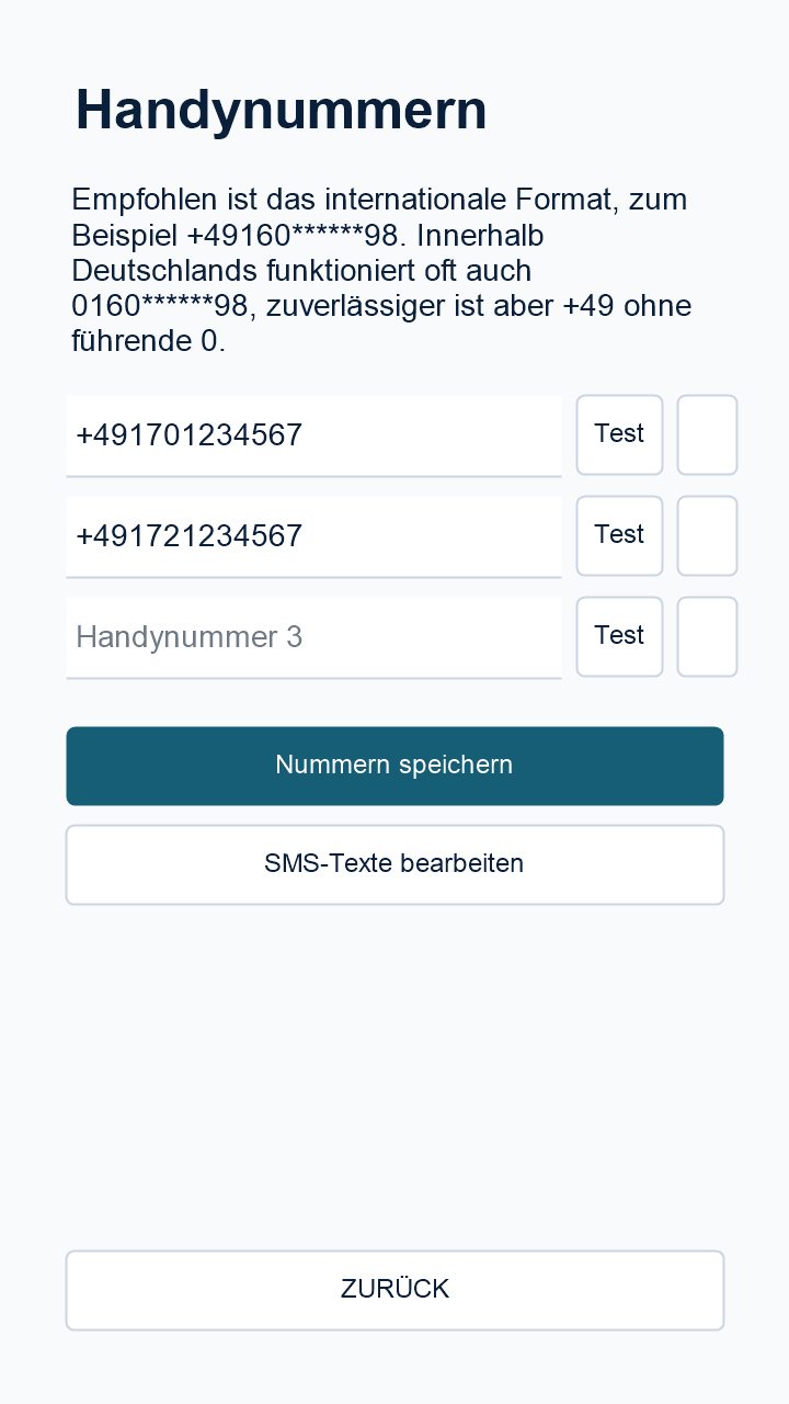 Rufnummern für SMS-Warnung eintragen