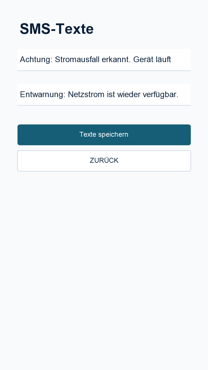 StromPing SMS-Texte für Stromausfall und Entwarnung bearbeiten