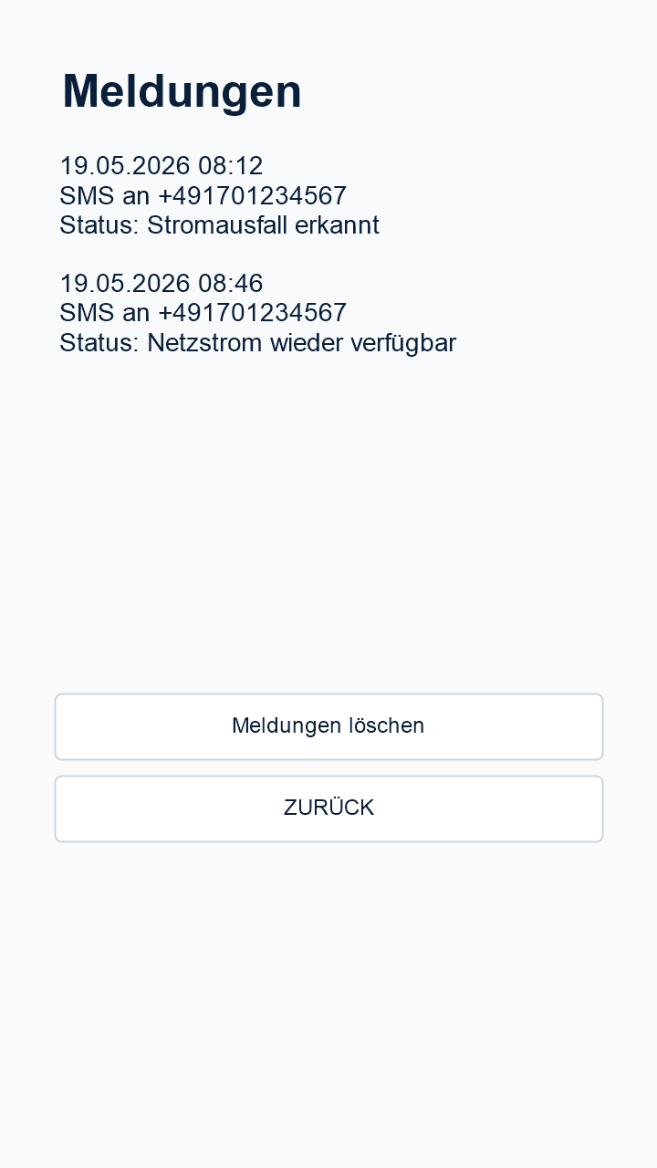 StromPing Meldungsprotokoll mit gesendeten SMS