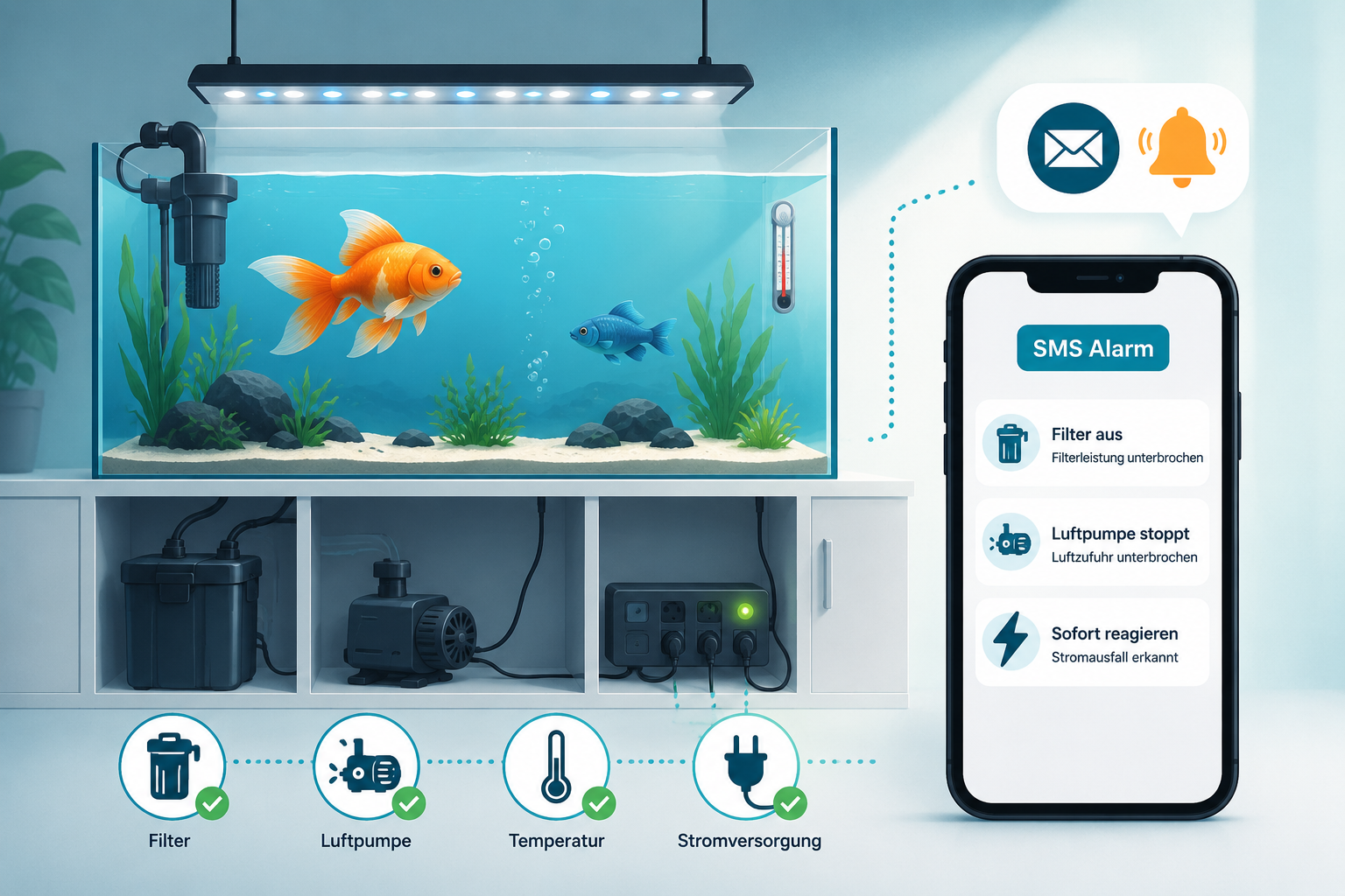 Aquarium, Technik und SMS-Alarm bei Stromausfall