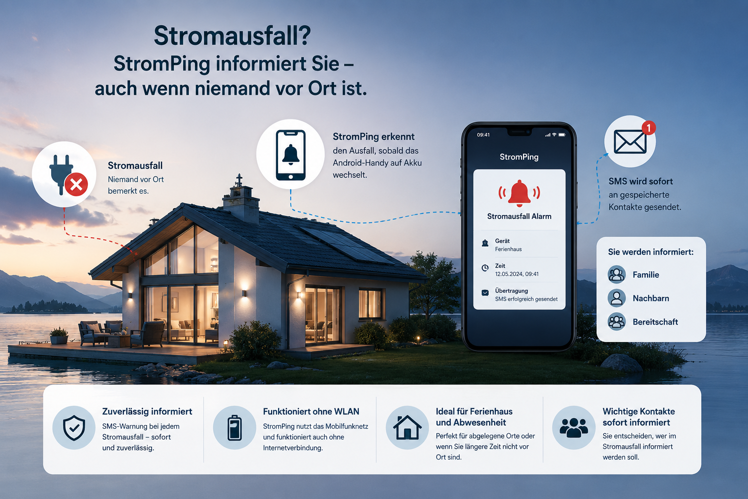 Ferienwohnung bei Stromausfall mit SMS Warnung durch StromPing und Android Handy