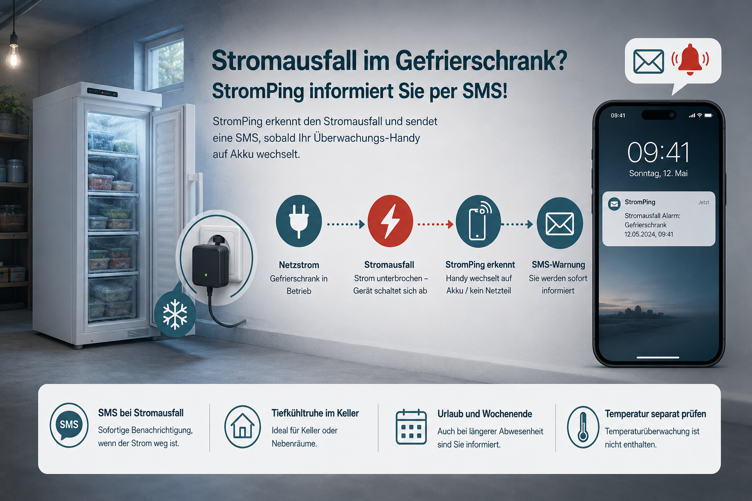 Gefrierschrank Stromausfall mit SMS Warnung durch StromPing am Android Handy