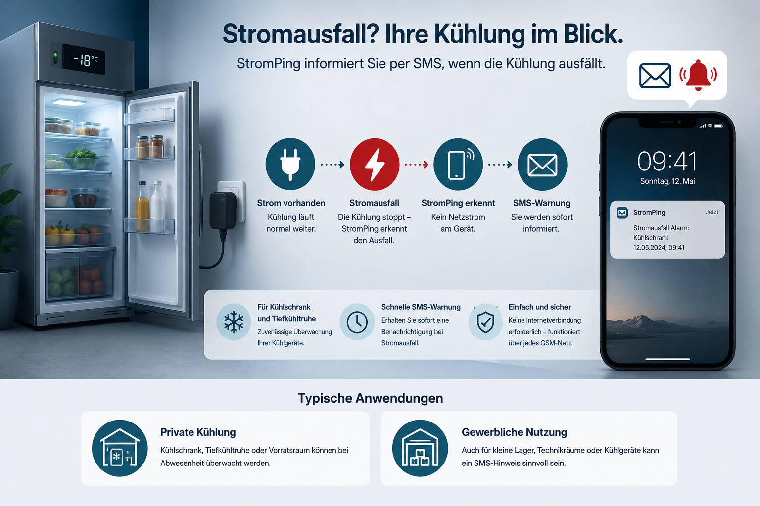Kühlschrank Stromausfall mit SMS Warnung durch StromPing und Android Handy