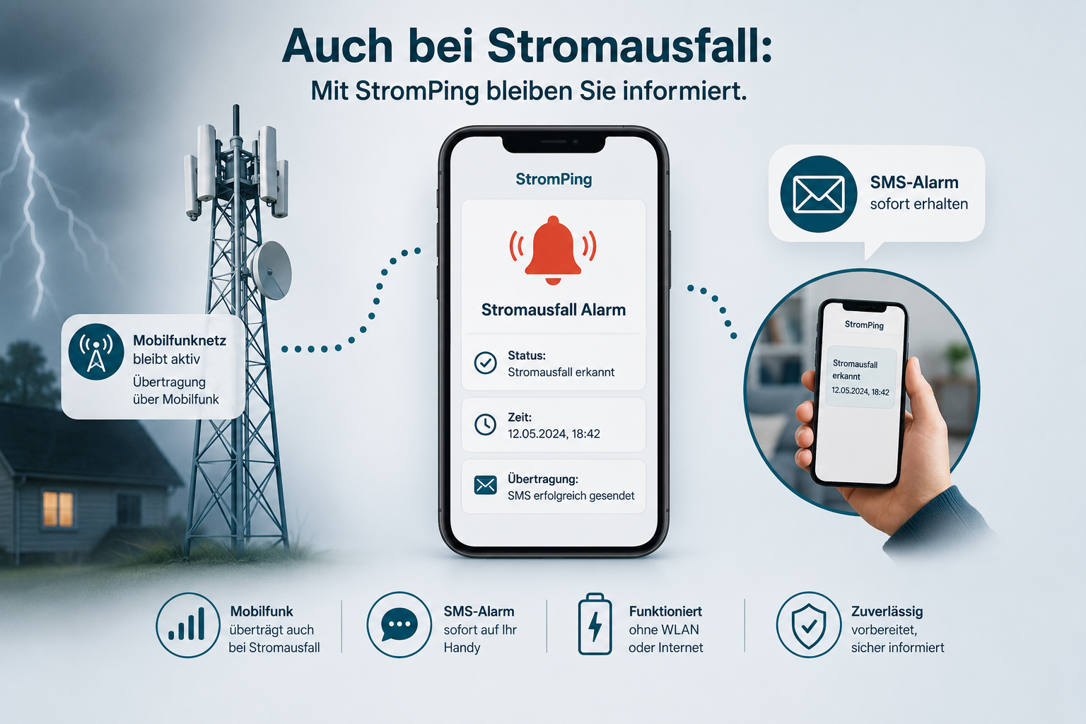 Mobile Daten, Mobilfunkmast und SMS Warnung bei Stromausfall
