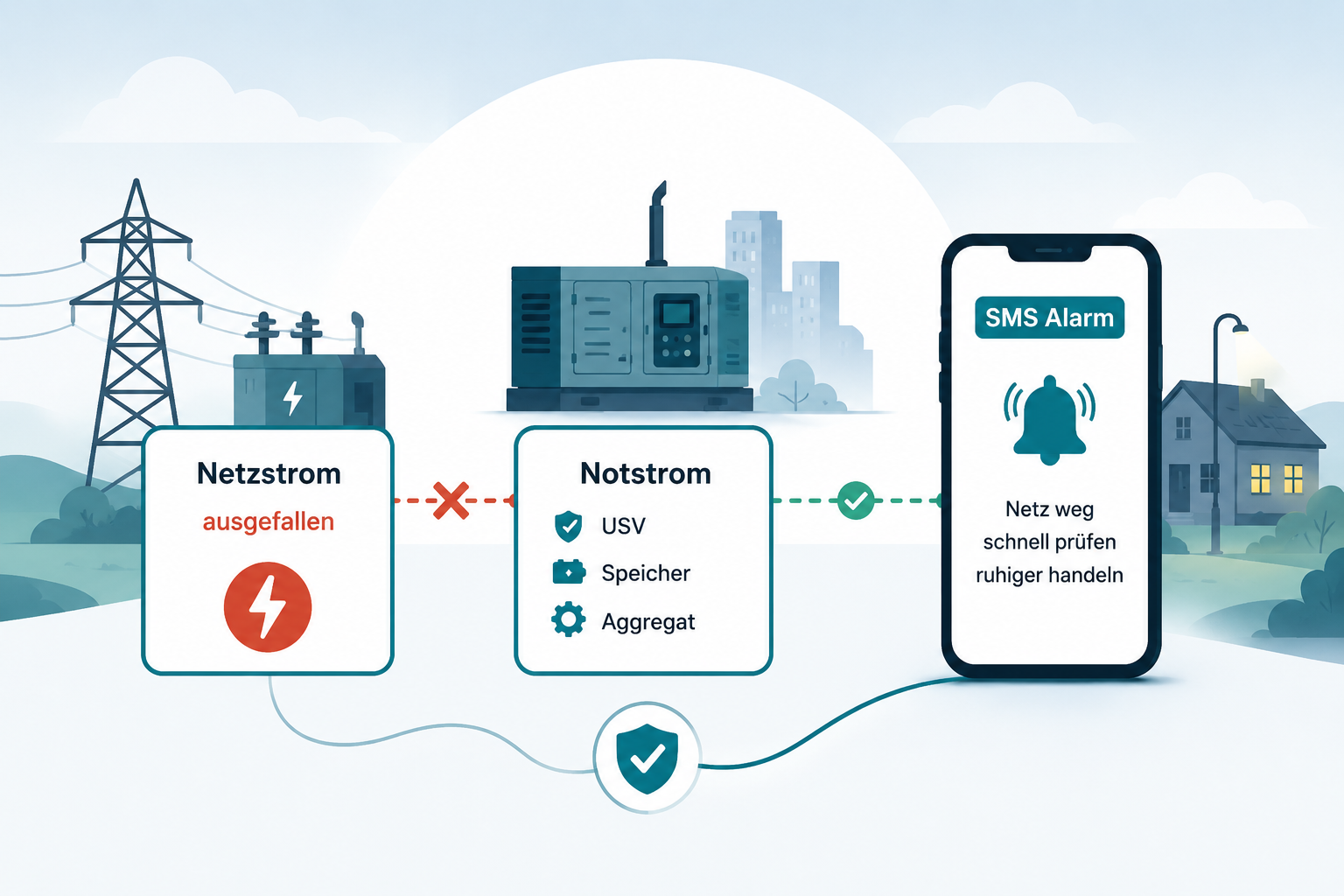 Notstrom, Netzstromausfall und SMS-Alarm auf einen Blick