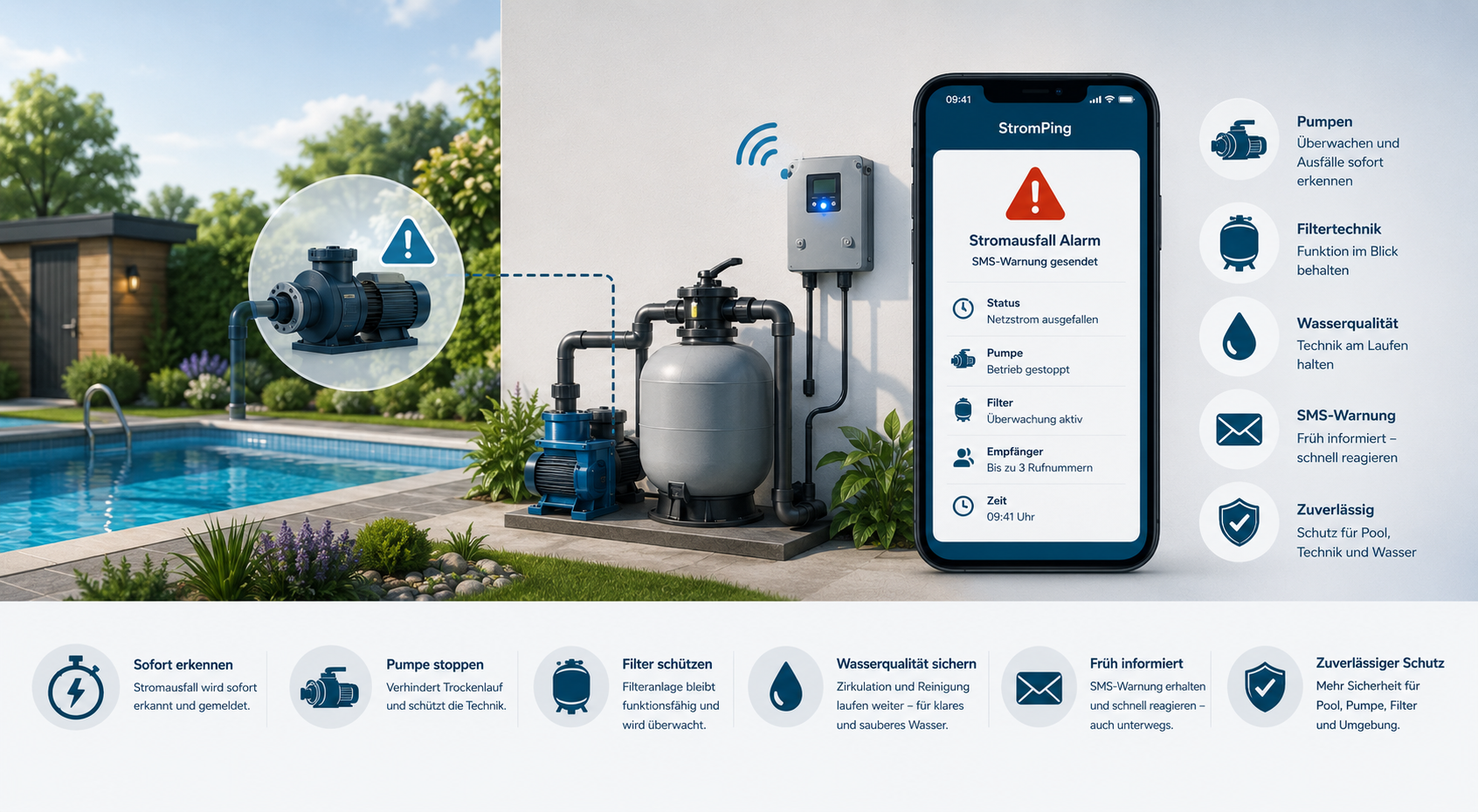 Pooltechnik bei Stromausfall mit SMS Warnung von StromPing