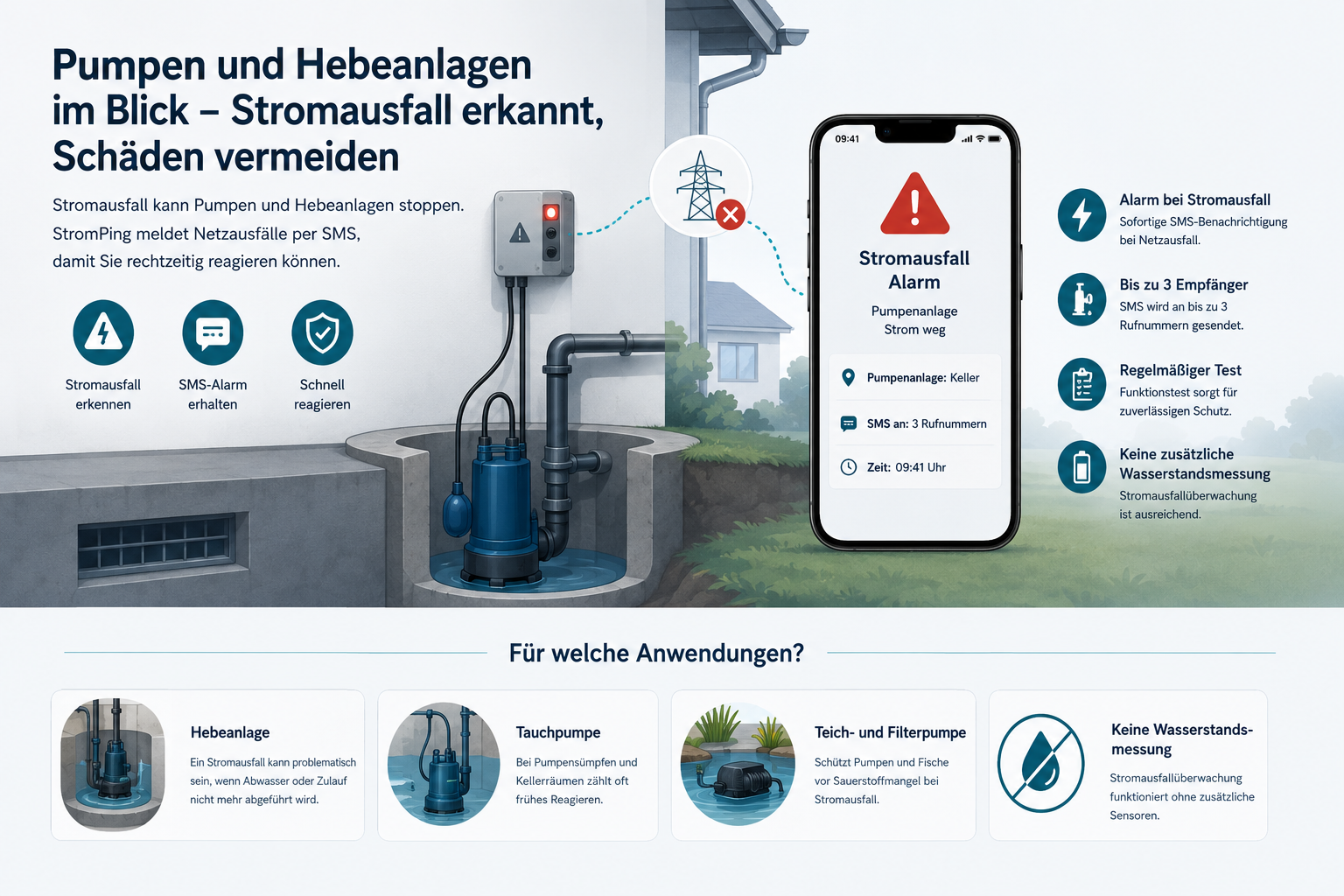 Pumpe und Hebeanlage bei Stromausfall mit StromPing per SMS überwachen