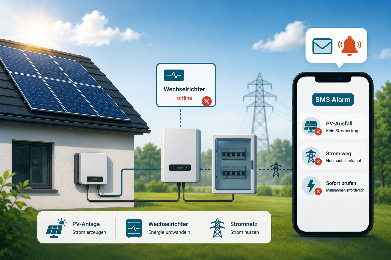 PV-Anlage, Wechselrichter und SMS-Alarm bei Stromausfall
