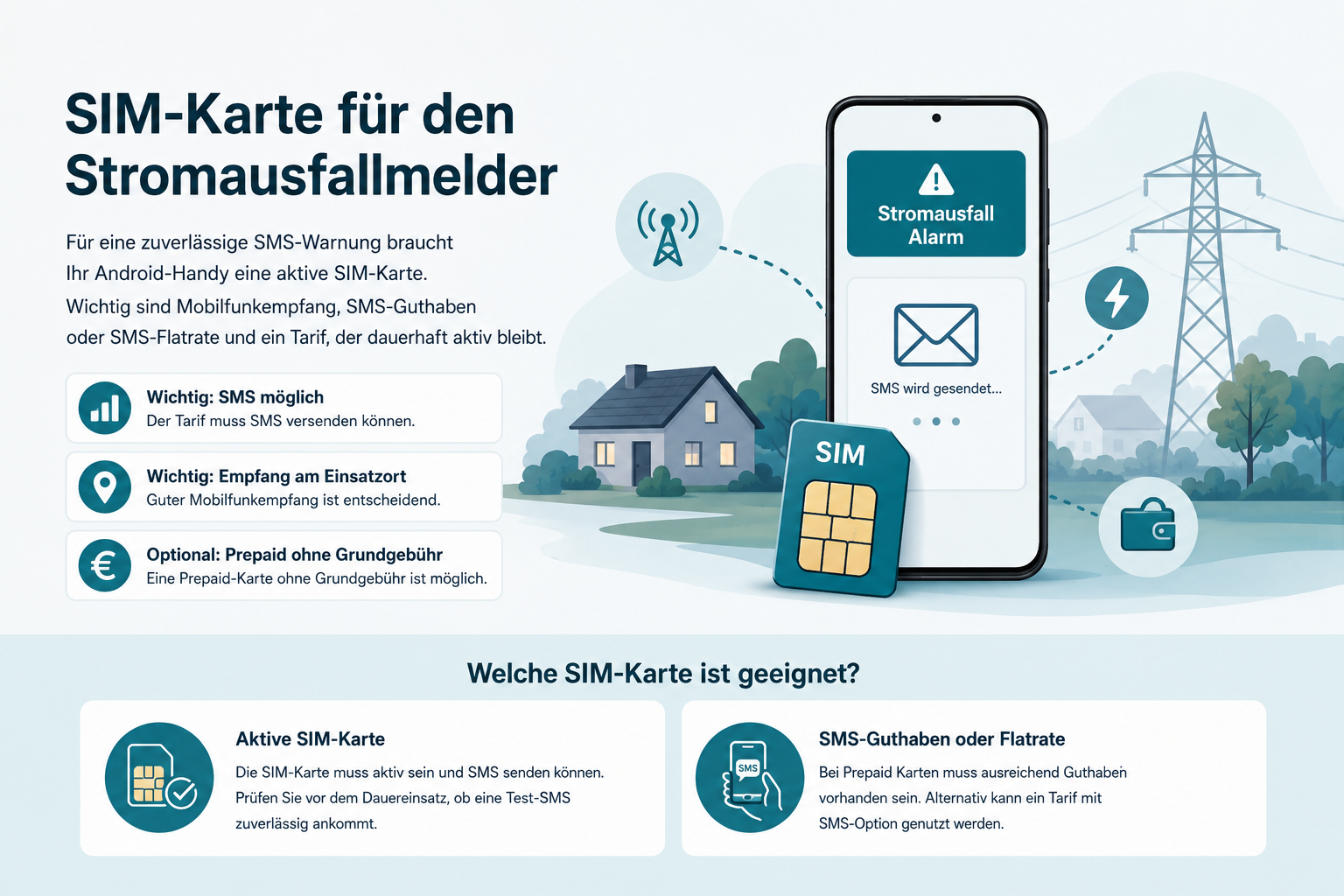 SIM Karte für Stromausfallmelder mit Android Handy und SMS Warnung