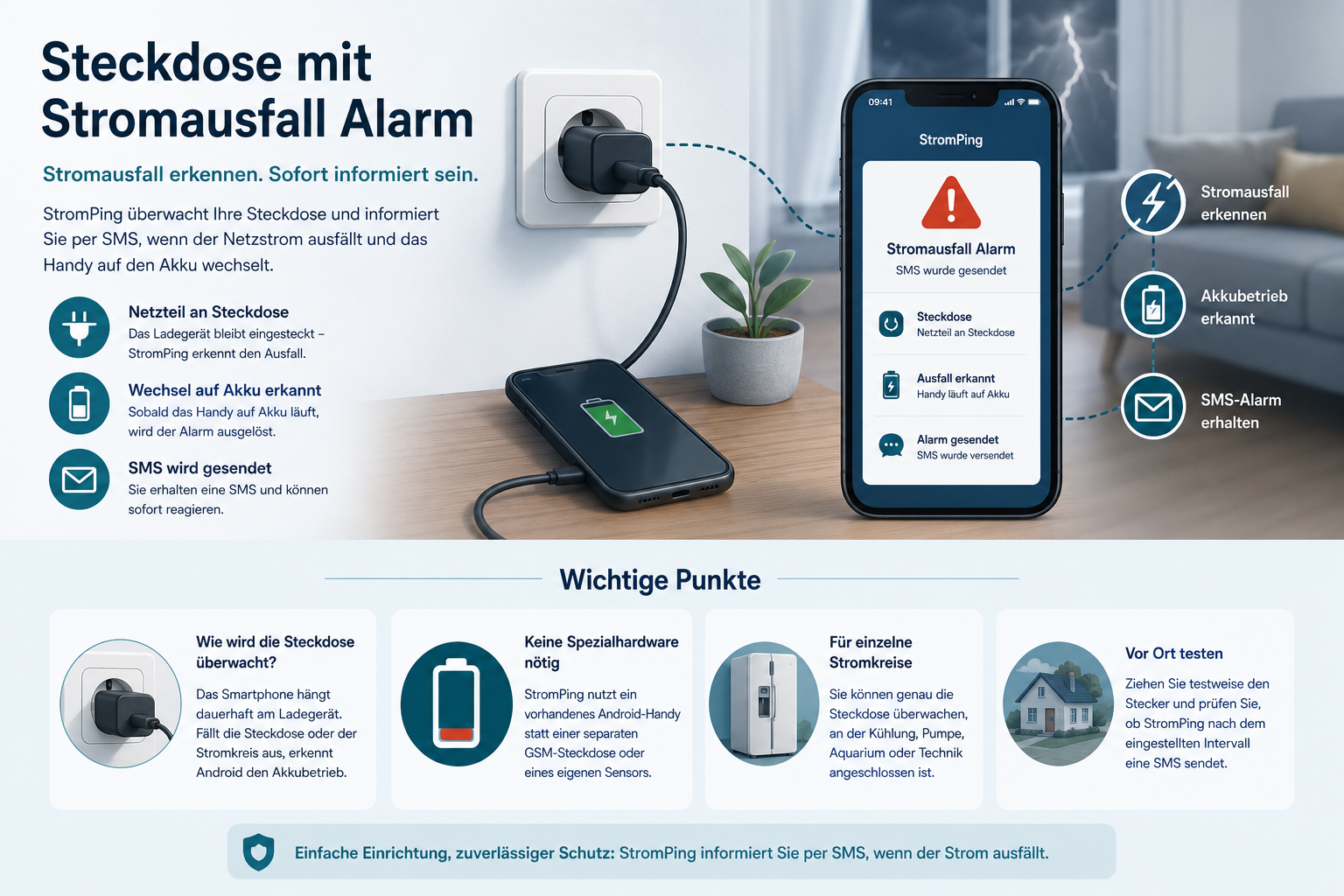 Steckdose mit Stromausfall Alarm und StromPing per SMS