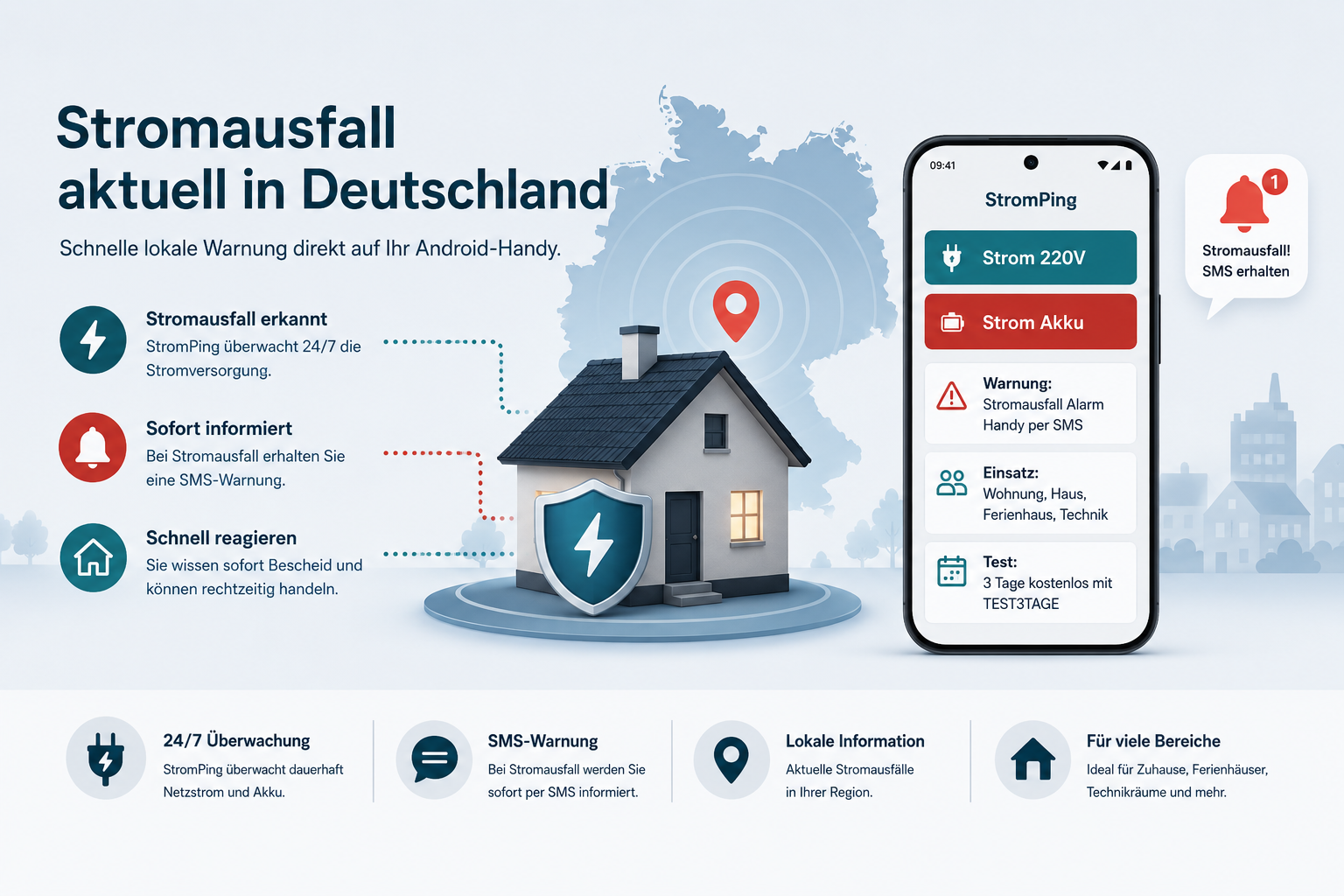 Stromausfall aktuell in Deutschland mit Haus, Karte und SMS Warnung durch StromPing