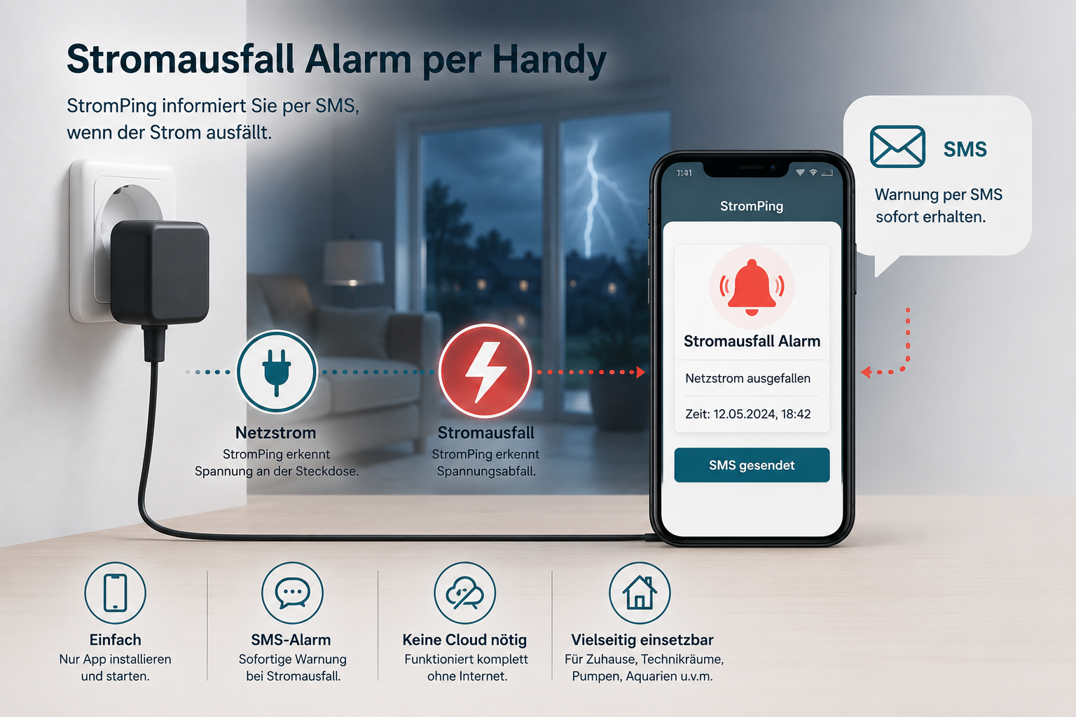 Stromausfall Alarm per Handy mit Steckdose, Smartphone und SMS Warnung