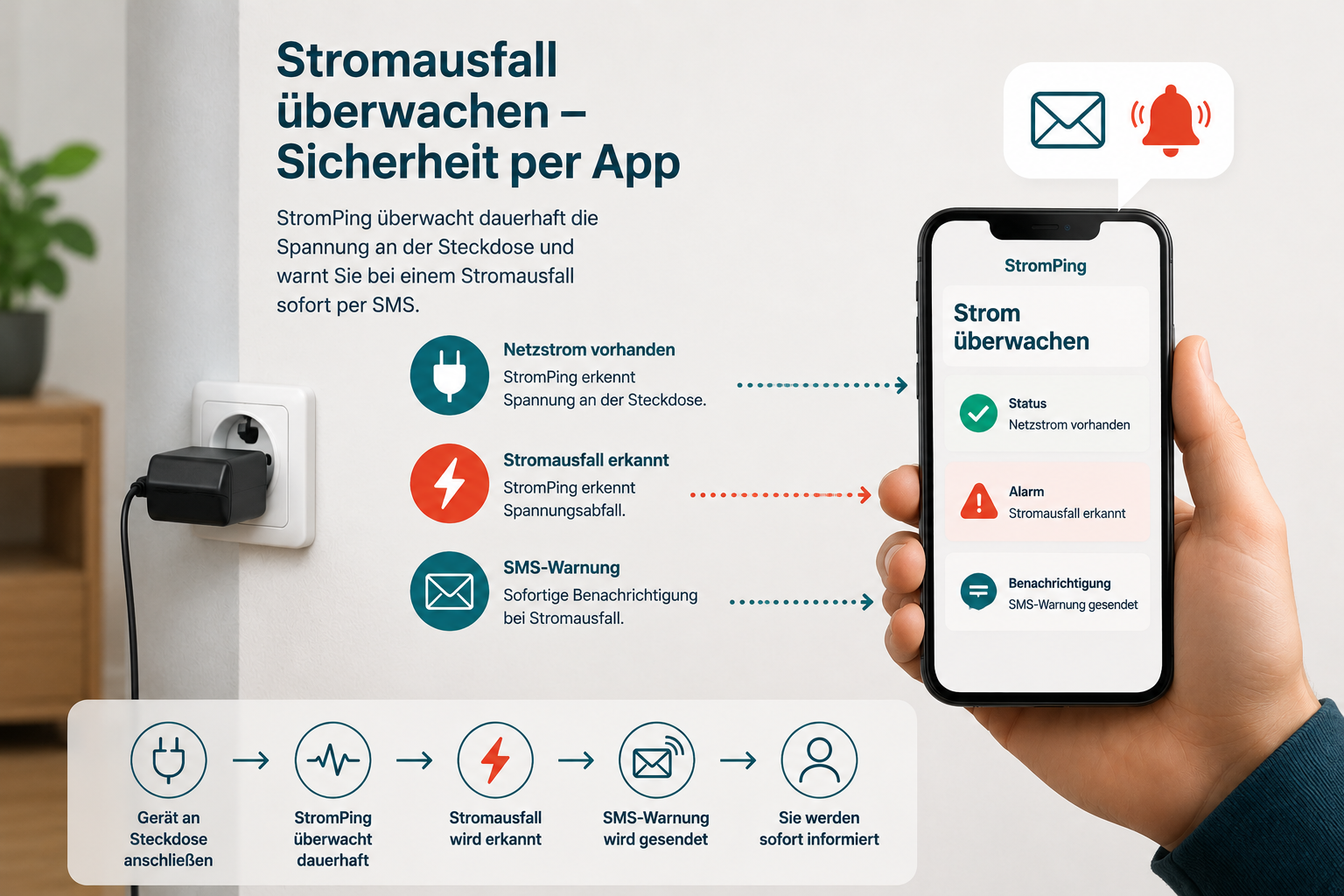 Stromausfall überwachen mit Steckdose, Smartphone und SMS Warnung