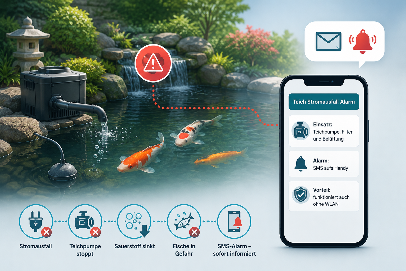 Teichpumpe, Koi und SMS-Alarm bei Stromausfall
